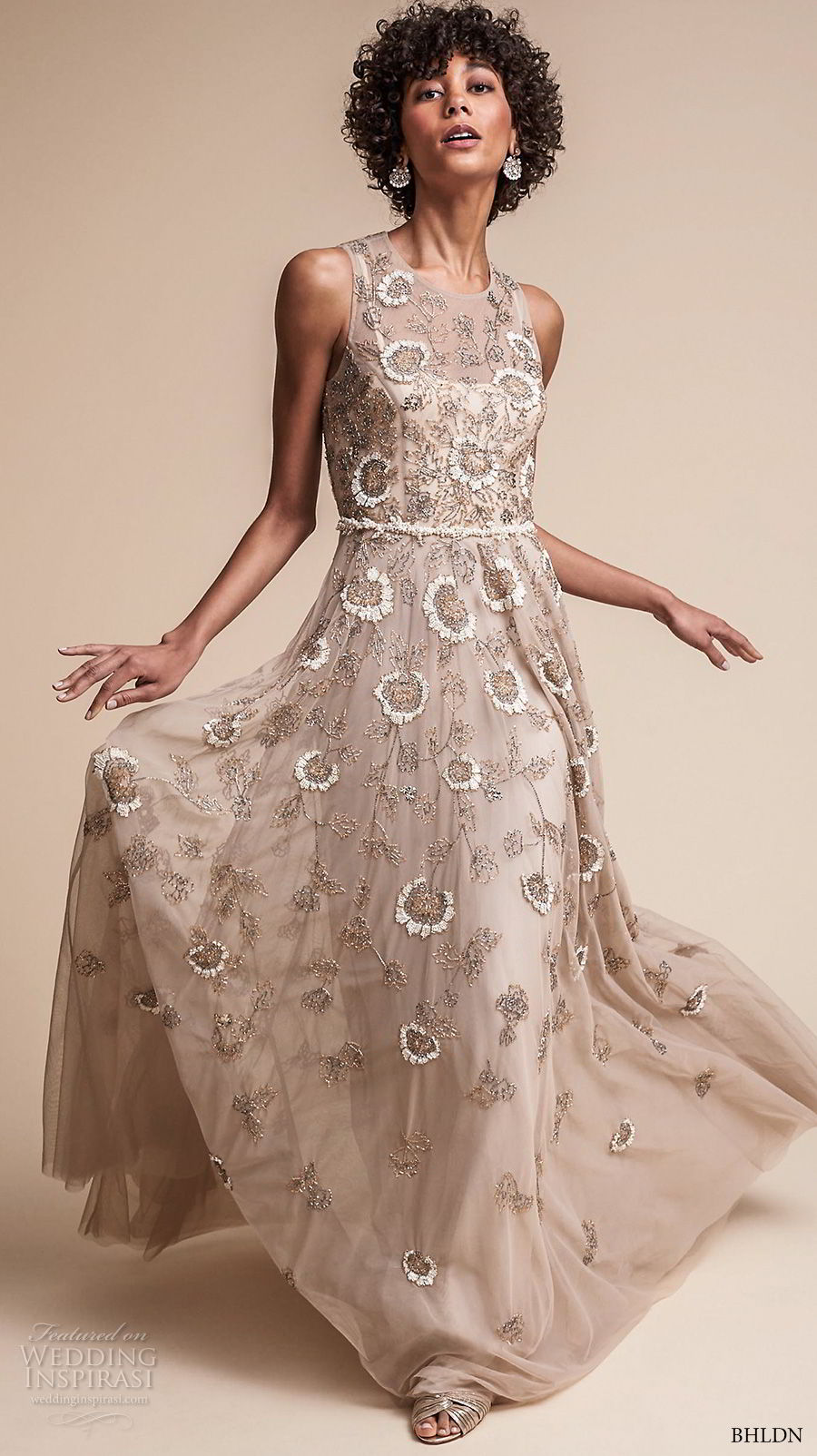 bhldn fall 2017  americana bridal sleeveless jewel neckline full embellishment romantic modern champagne color soft a  line wedding dress covered back sweep train (verdure) mv