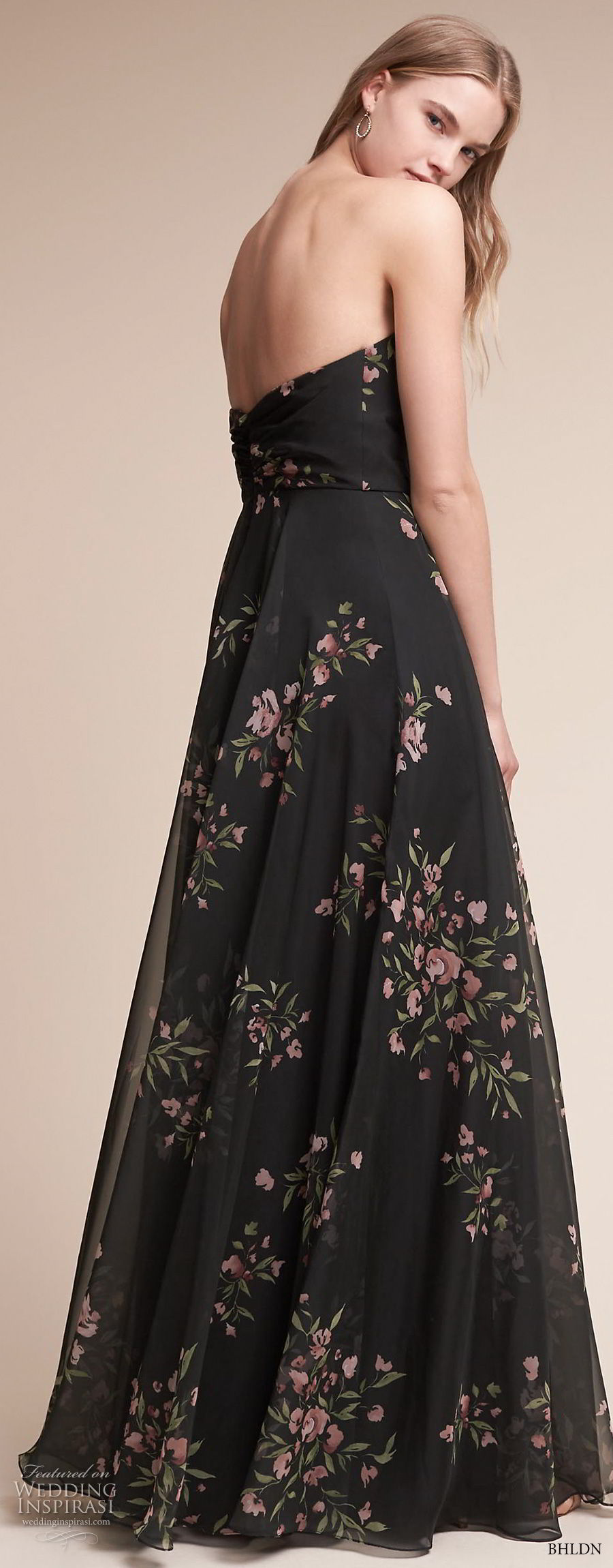 bhldn fall 2017  americana bridal strapless sweetheart neckline ruched wrap over bodice flora prints black color high waist soft a  line wedding dress sweep train (adeline) bv