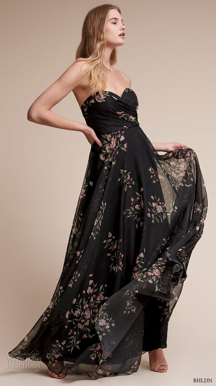 bhldn fall 2017  americana bridal strapless sweetheart neckline ruched wrap over bodice flora prints black color high waist soft a  line wedding dress sweep train (adeline) mv