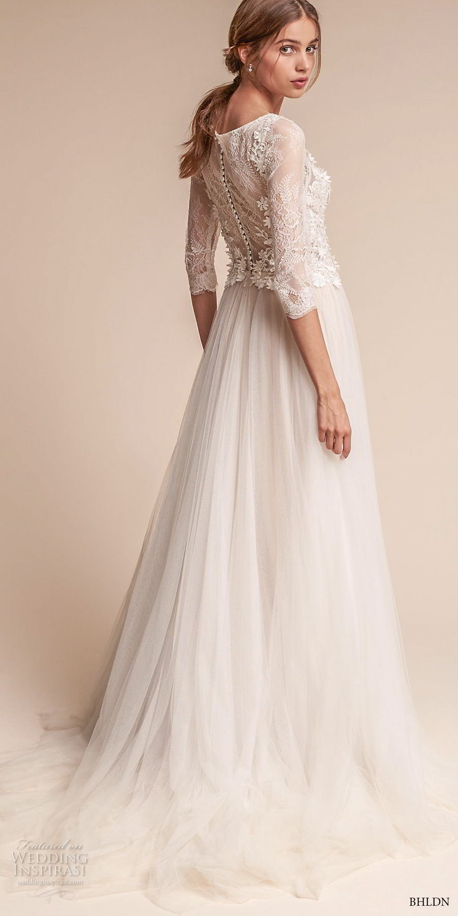 bhldn fall 2017  americana bridal three quarter sleeves bateau neck heavily embellished bodice tulle skirt romantic soft a  lne wedding dress covered lace back sweep train (amelia) bv