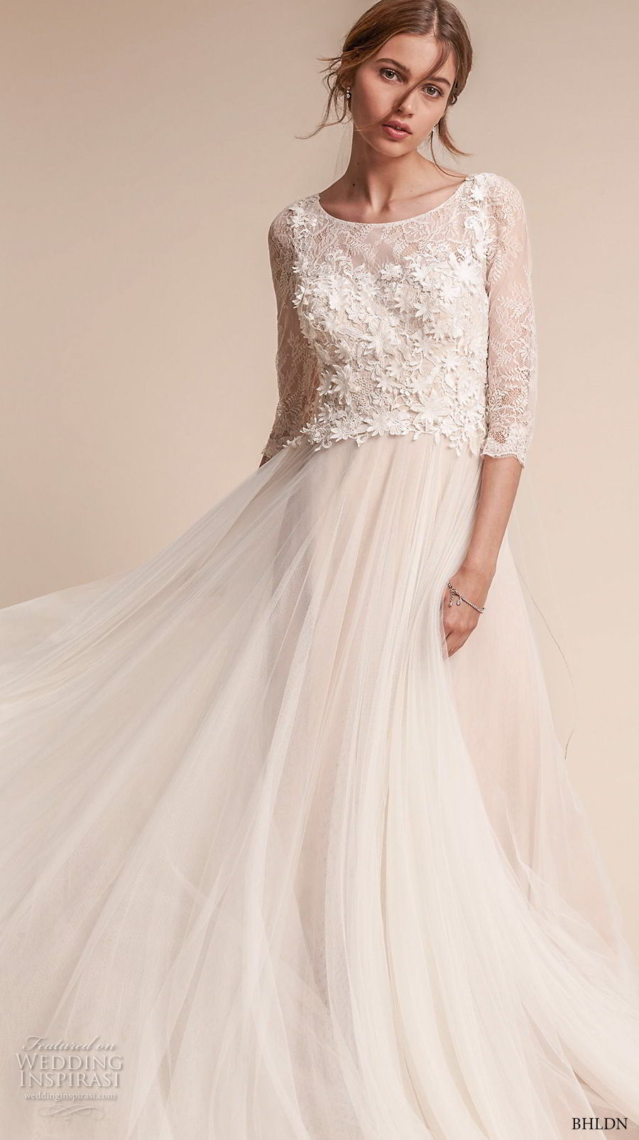 bhldn fall 2017  americana bridal three quarter sleeves bateau neck heavily embellished bodice tulle skirt romantic soft a  lne wedding dress covered lace back sweep train (amelia) mv