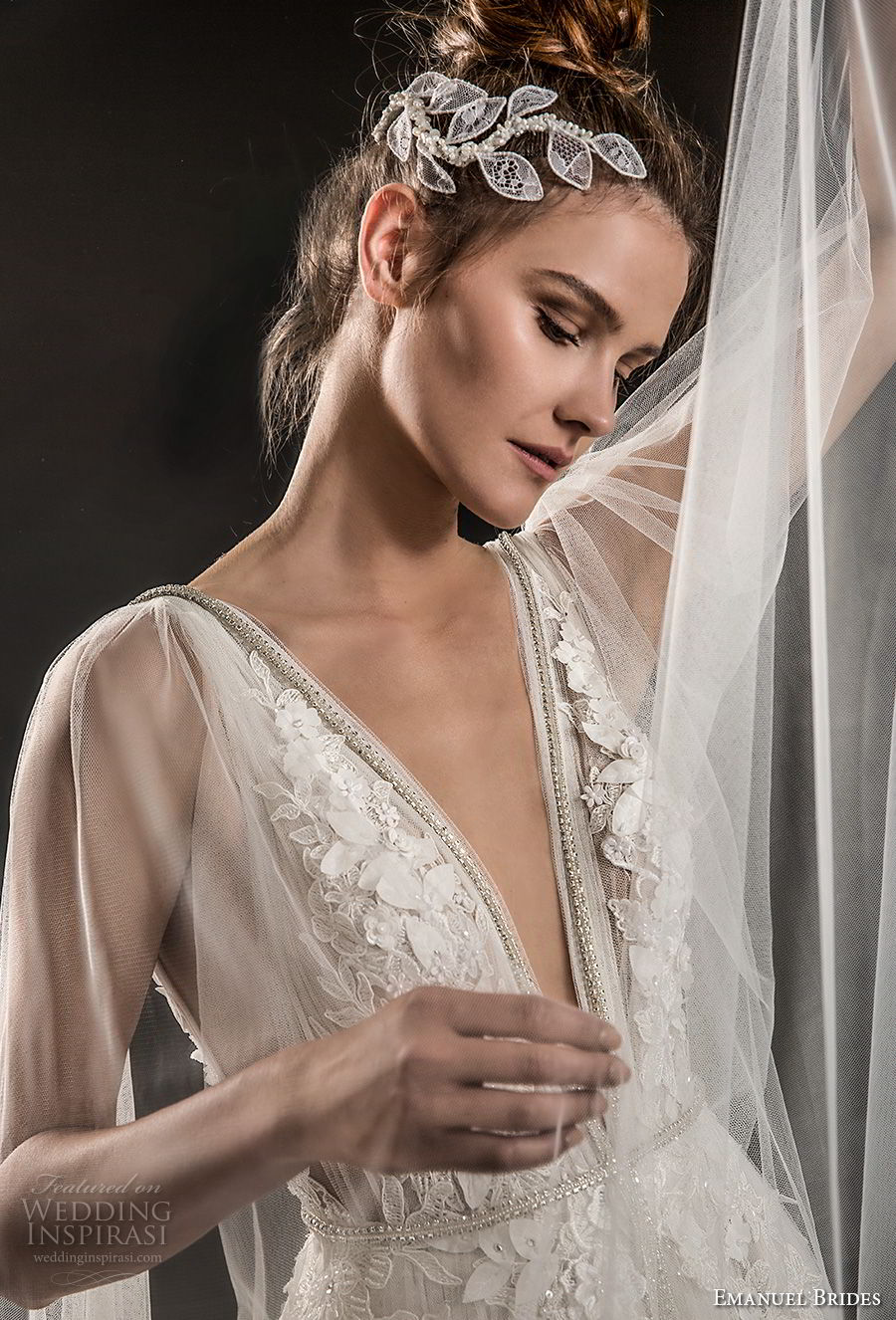 emanuel brides 2018 bridal sleeveless deep plunging v neck heavily embellished bodice elegant romantic soft a  line wedding dress sheer cape open v back sweep train (08) zv