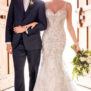 essense australia fall 2017 bridal sleeveless embroidered strap v neck full embellishment elegant fit and flare wedding dress open scoop back chapel train (99) mv