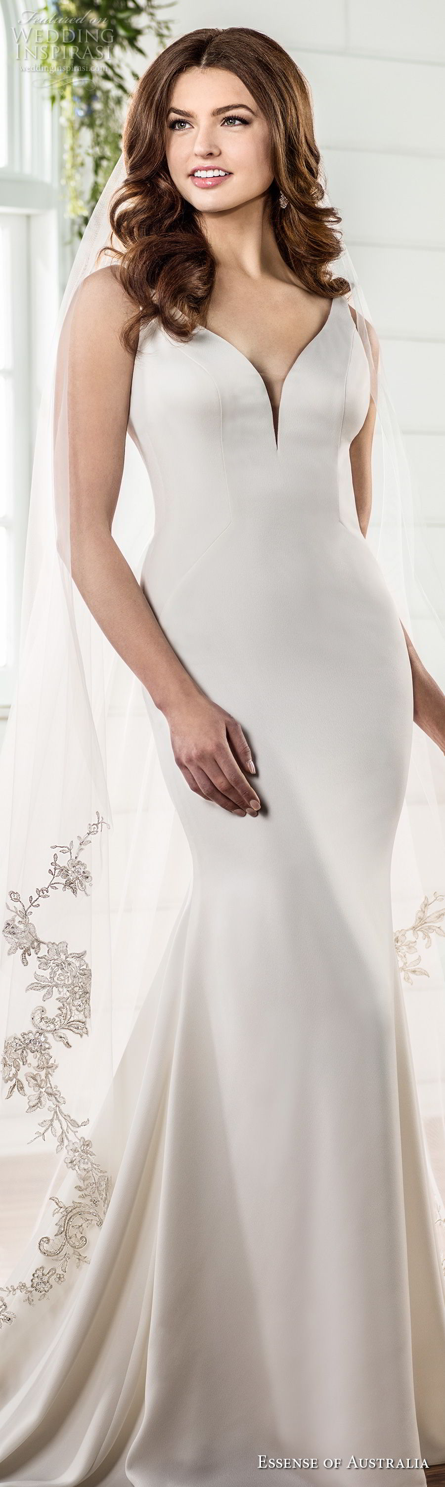 essense australia fall 2017 bridal sleeveless v neck simple clean elegant fit and flare sheath wedding dress low open back medium train (78) lv essense australia fall 2017 bridal sleeveless v neck simple clean elegant fit and flare sheath wedding dress low open back medium train (78) lv