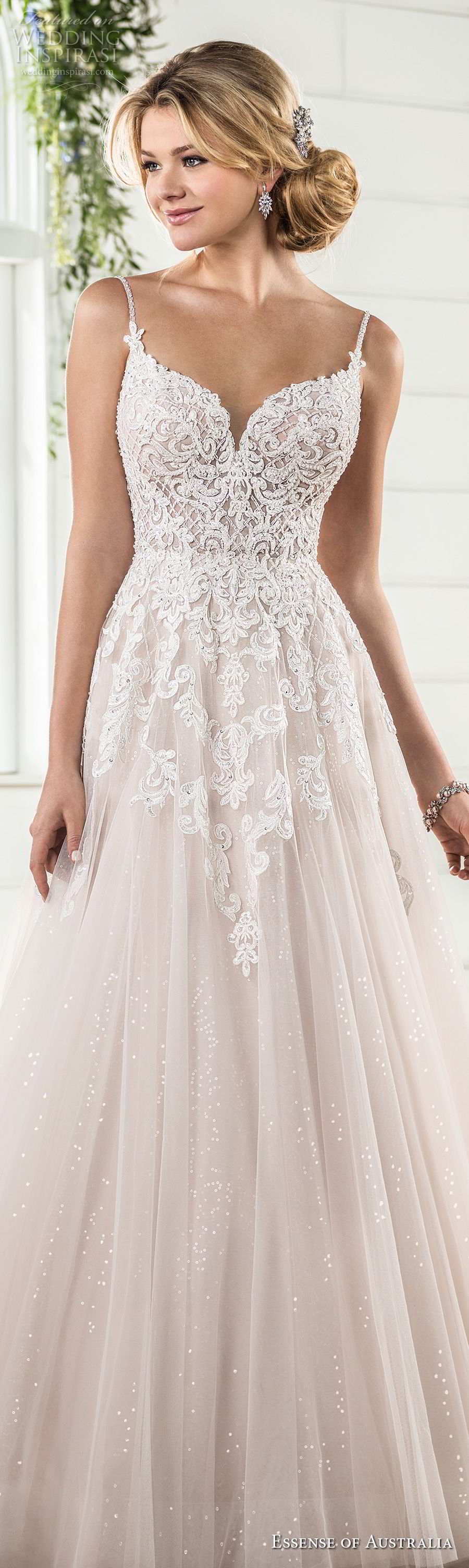 essense australia fall 2017 bridal spaghetti strap sweetheart neckline heavily embellished bodice romantic blush color a line wedding dress open scoop back sweep train (63) lv essense australia fall 2017 bridal spaghetti strap sweetheart neckline heavily embellished bodice romantic blush color a line wedding dress open scoop back sweep train (63) lv