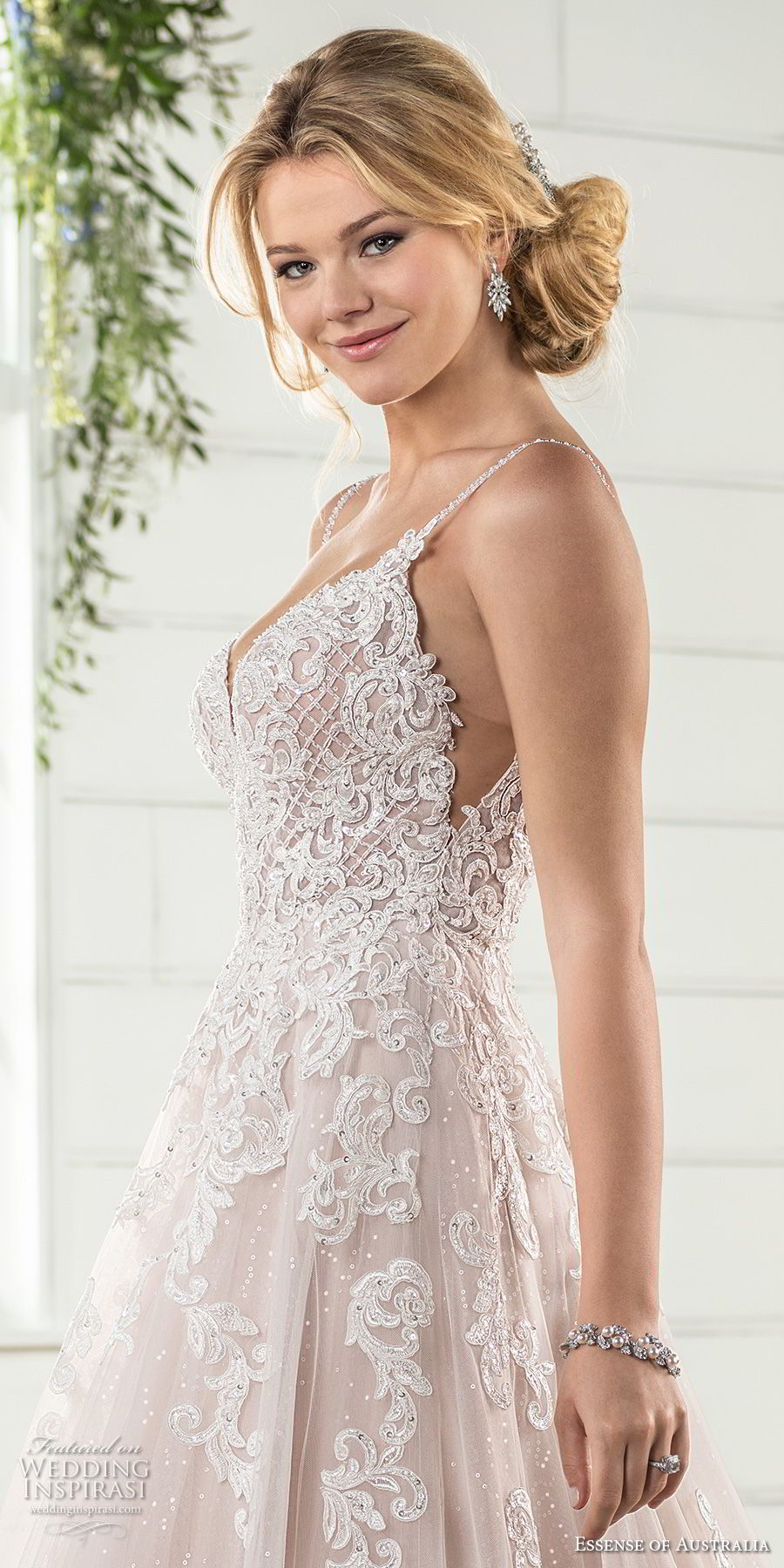 essense australia fall 2017 bridal spaghetti strap sweetheart neckline heavily embellished bodice romantic blush color a line wedding dress open scoop back sweep train (63) sdv essense australia fall 2017 bridal spaghetti strap sweetheart neckline heavily embellished bodice romantic blush color a line wedding dress open scoop back sweep train (63) sdv