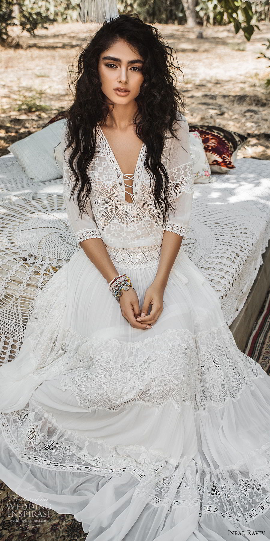 inbal raviv 2017 bridal half sleeves deep v neck heavily embellished bodice bohemian romantic soft a  line wedding dress sweep train (luna) zv