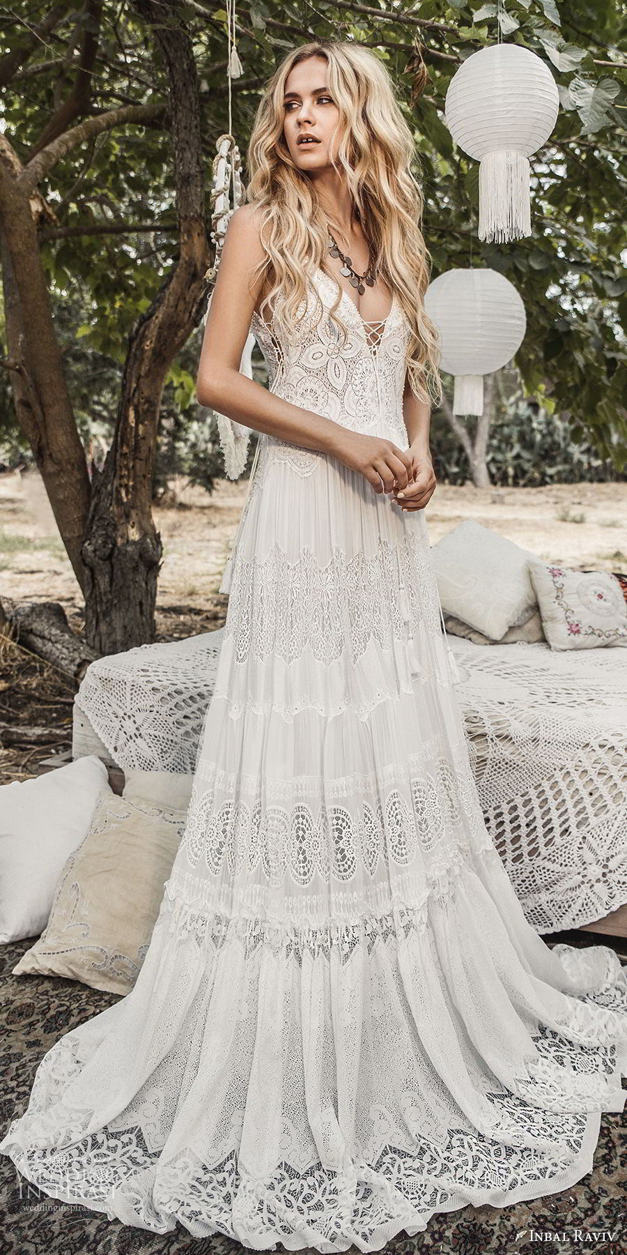 inbal raviv 2017 bridal sleeveless deep v neck full lace embellishment bohemian soft a  line wedding dress sweep train (gipsy) mv