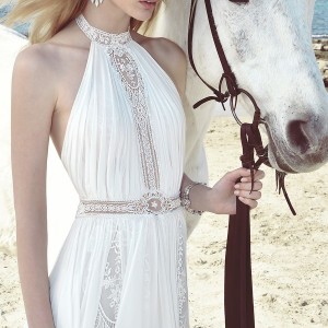 inbal raviv 2017 bridal sleeveless halter neck ruched bodice bohemian soft a  line wedding dress sweep train (victoria) zv