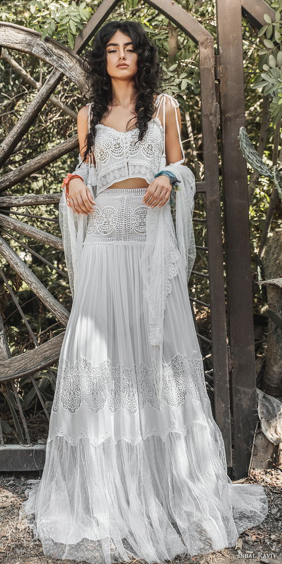 inbal raviv 2017 bridal sleeveless spaghetti strap sweetheart neckline full embellishment crop top bohemian soft a  line wedding dress sweep train (lila) mv