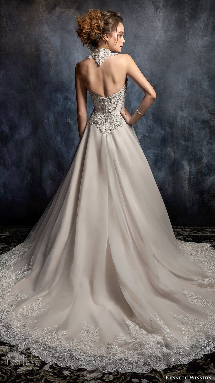 kenneth winston fall 2017 bridal sleeveless halter neck sweetheart neckline heavily embellished beaded bodice glamorous blush mermaid wedding dress open back chapel train (55) bv 