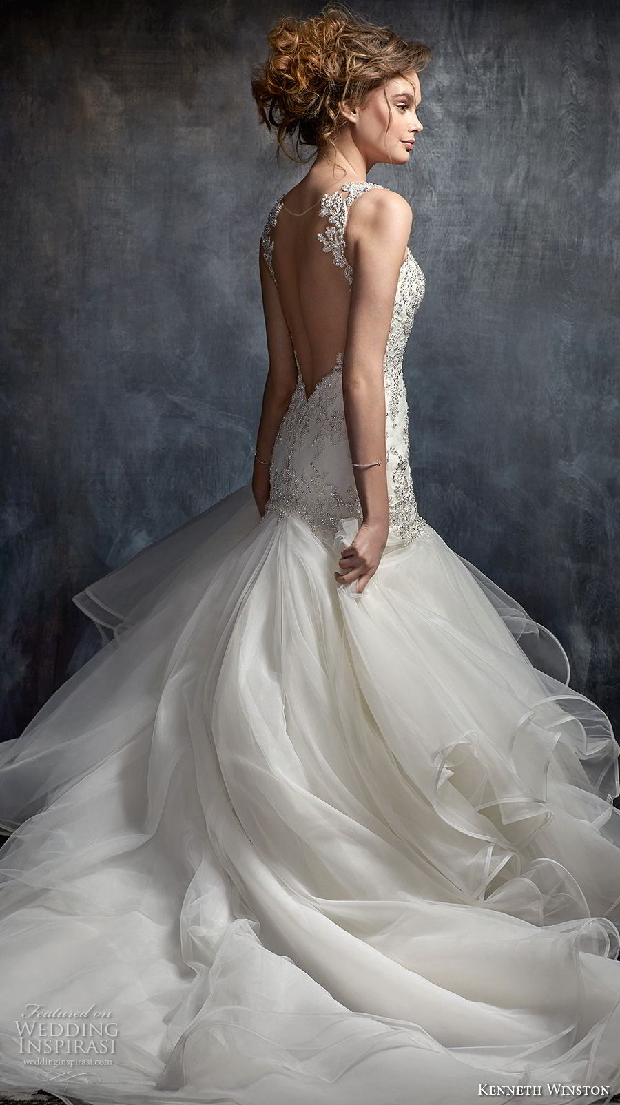 kenneth winston fall 2017 bridal sleeveless thin strap sweetheart neckline heavily embellished beaded bodice elegant mermaid wedding dress open sheer back chapel train (56) bv