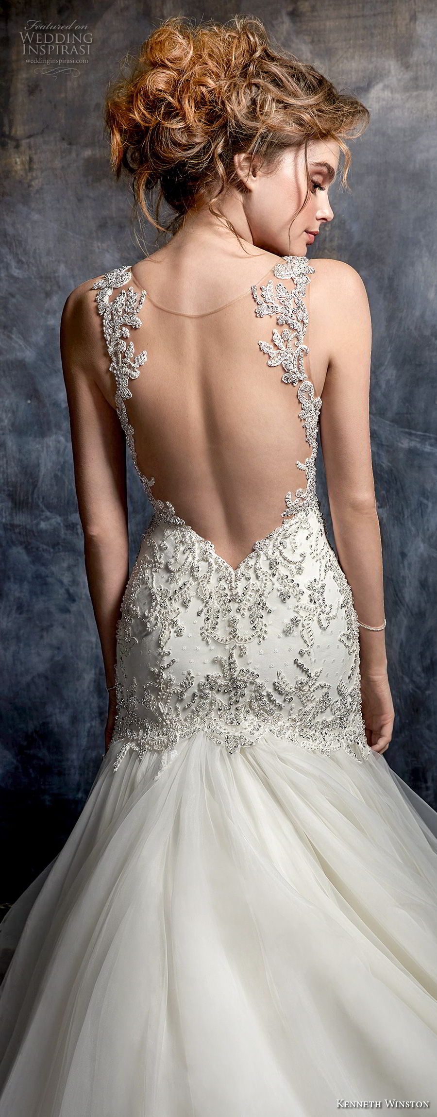 kenneth winston fall 2017 bridal sleeveless thin strap sweetheart neckline heavily embellished beaded bodice elegant mermaid wedding dress open sheer back chapel train (56) zbv