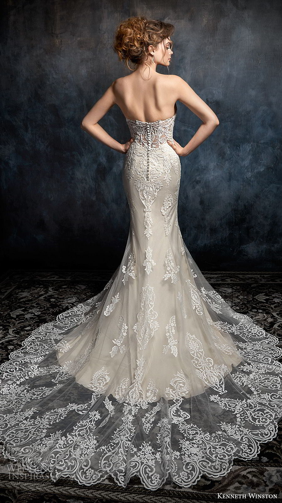 kenneth winston fall 2017 bridal strapless sweetheart neckline heavily embellished bodice elegant sheath fit and flare wedding dress chapel train (28) bv