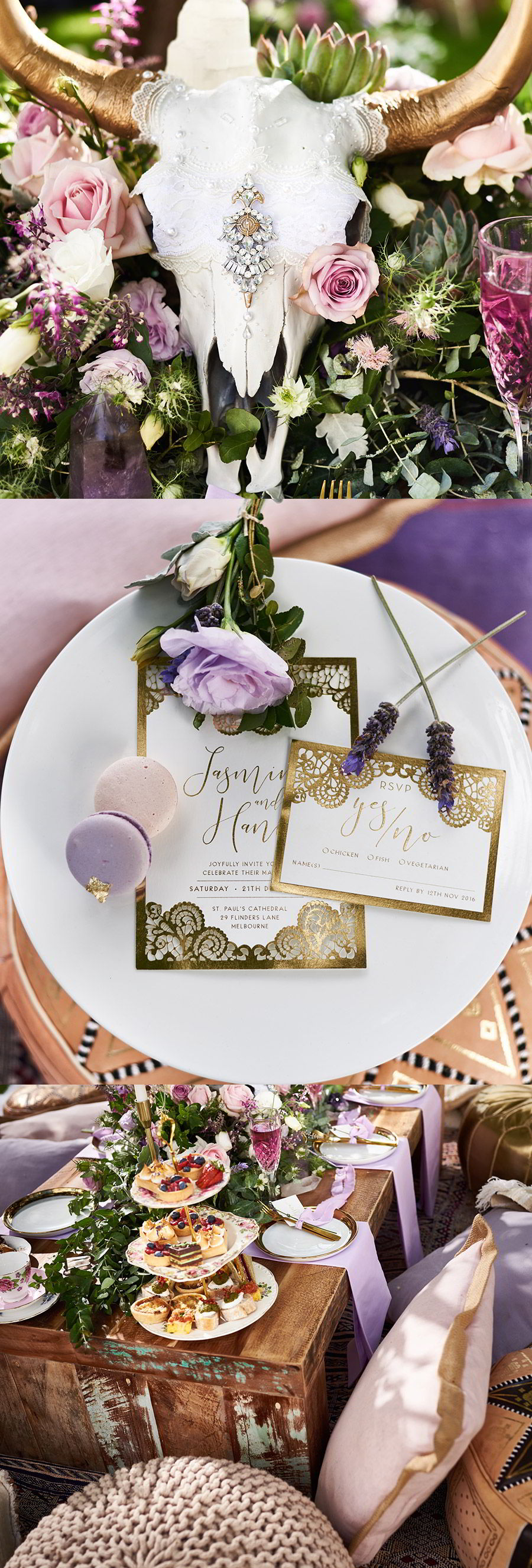 lavender field wedding photo shoot adorn invitations purple gold boho luxe inspiration close up 1