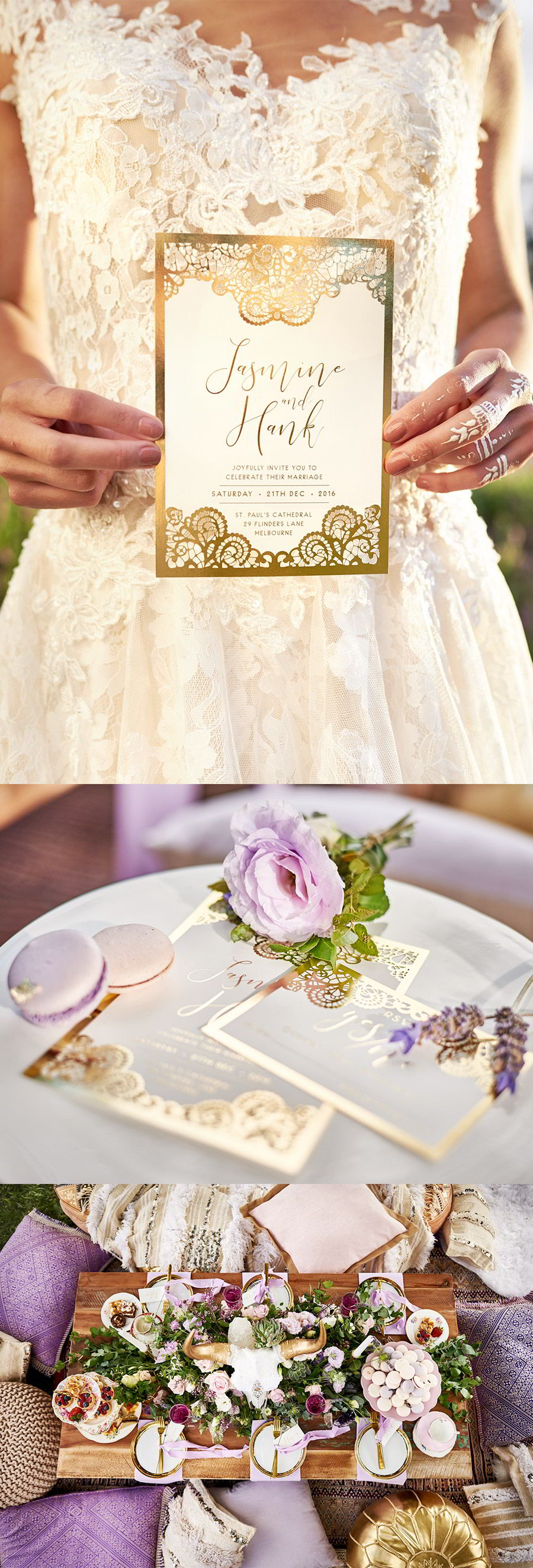 lavender field wedding photo shoot adorn invitations purple gold boho luxe inspiration romantic bohemian weddings