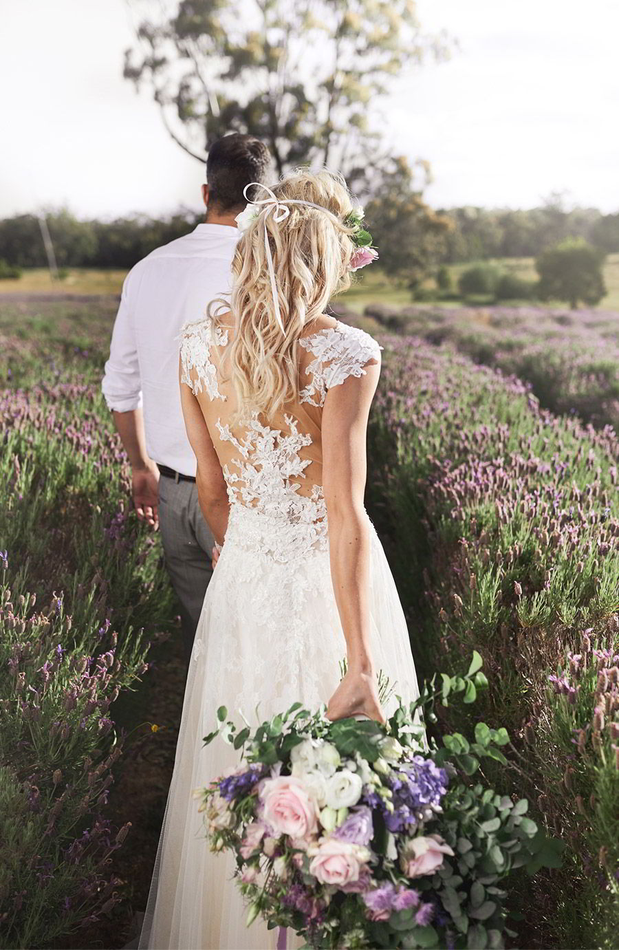 lavender field wedding photo shoot adorn invitations purple gold boho luxe inspiration romantic couple