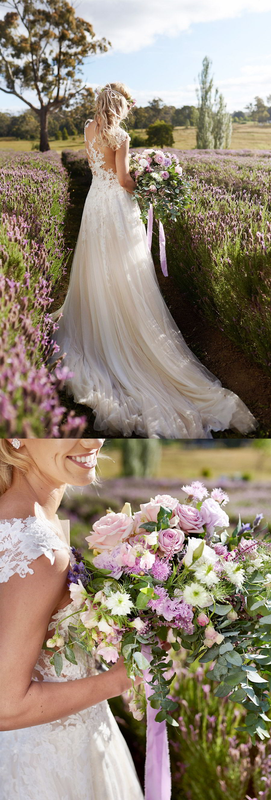 lavender field wedding photo shoot adorn invitations purple gold boho luxe inspiration romantic lace wedding dress pink violet bouquet