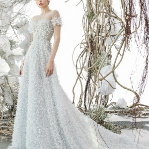 mira zwillinger 2018 bridal short sleeves off shoulder illusion bateau sweetheart neckline full embellishment romantic blue color a  line wedding dress royal train (aiden) mv
