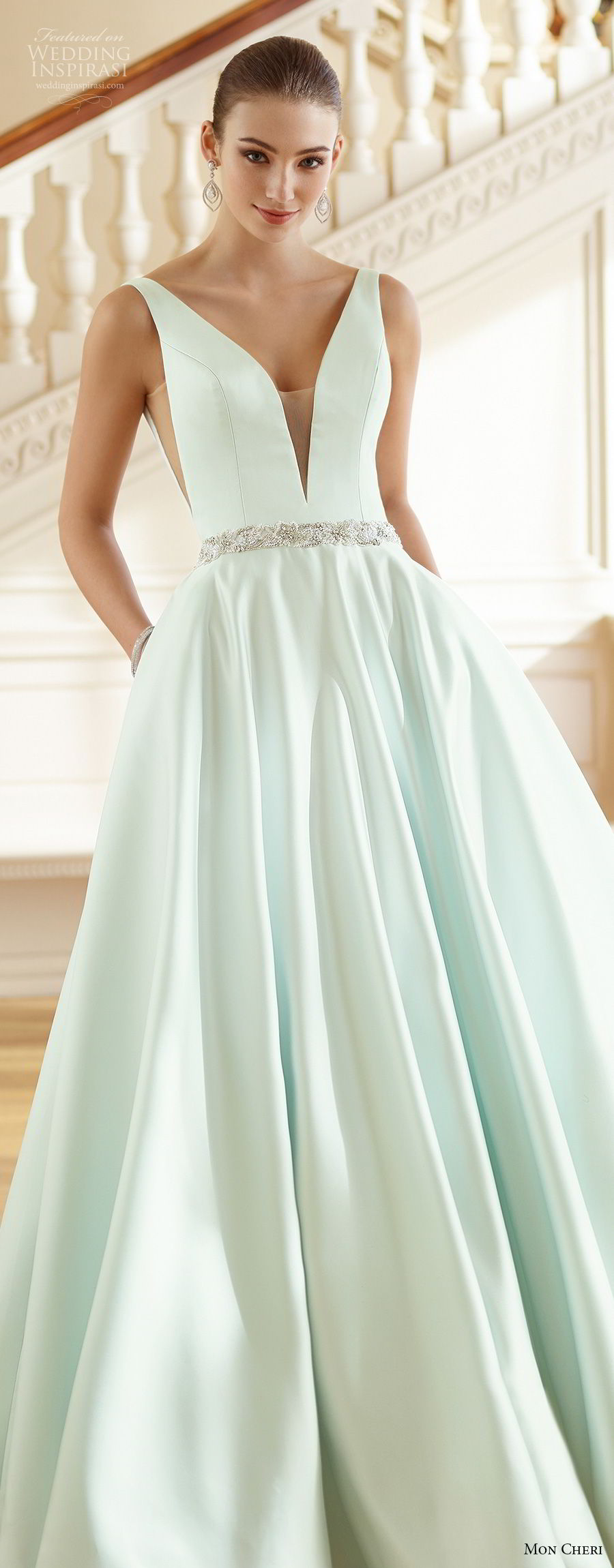 mon cheri fall 2017 bridal sleeveles strap deep v neck simple clean satin skirt green color a  line wedding dress with pockets open v back chapel train (215) lv