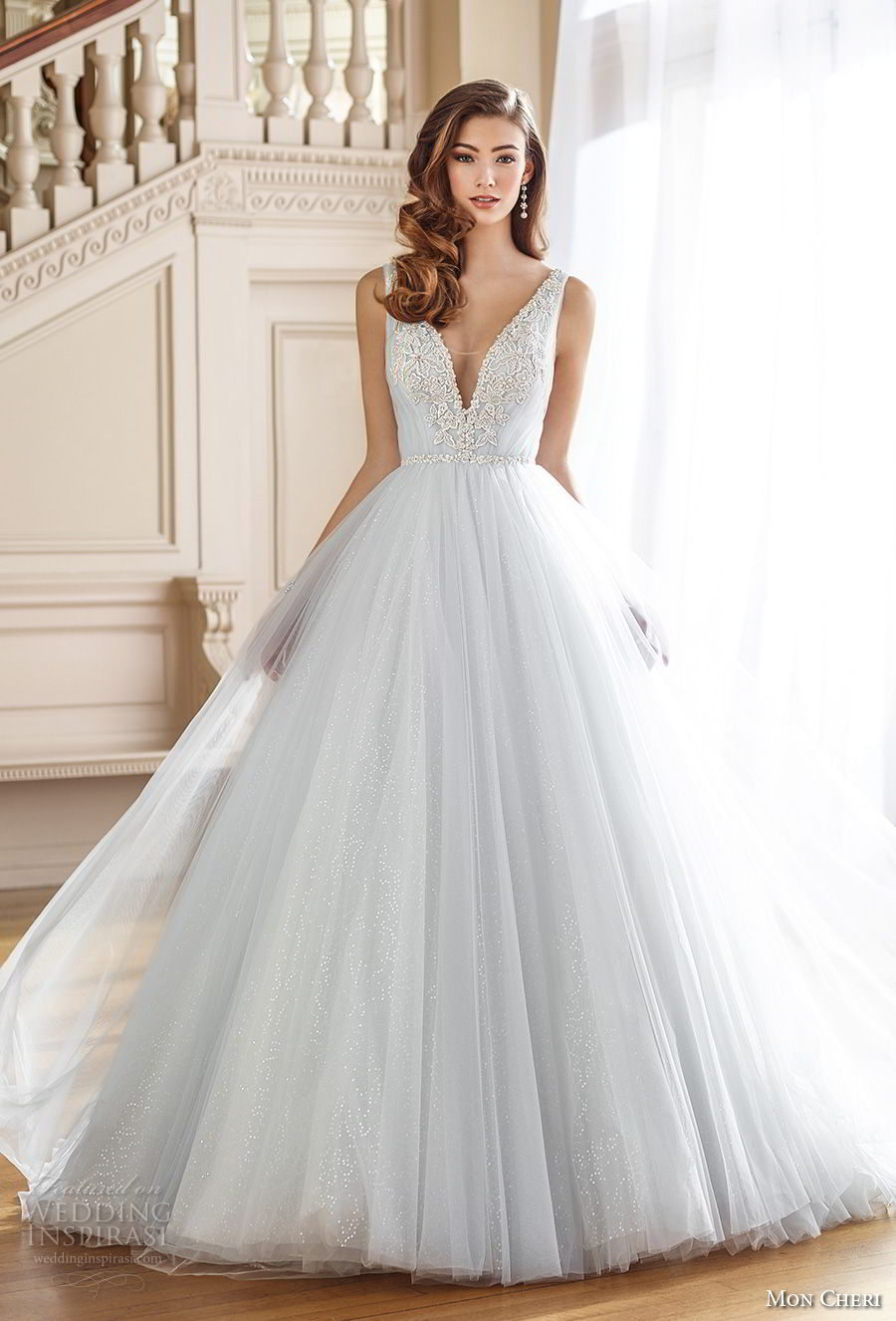 mon cheri fall 2017 bridal sleeveless deep v neck heavily embellished bodice tulle skirt blue romantic a  line wedding dress open v back chapel train (217) av