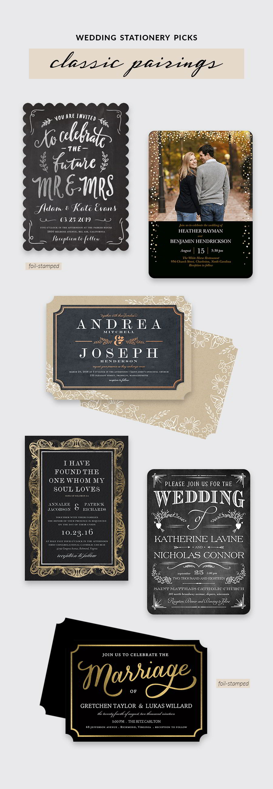 shutterfly bridal stationery black gold silver foil typography wedding invitation cards color inspiration