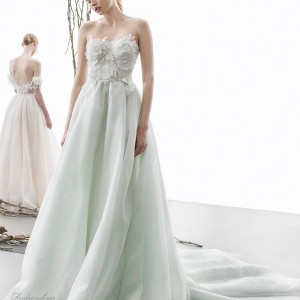 strapless sweetheart neckline heavily embellished bodice romantic green color a  line wedding dress chapel train (amellia) mv