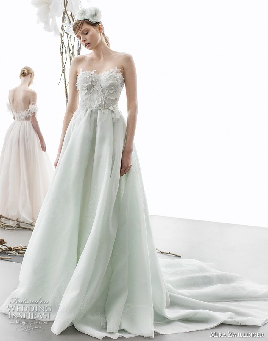 strapless sweetheart neckline heavily embellished bodice romantic green color a  line wedding dress chapel train (amellia) mv