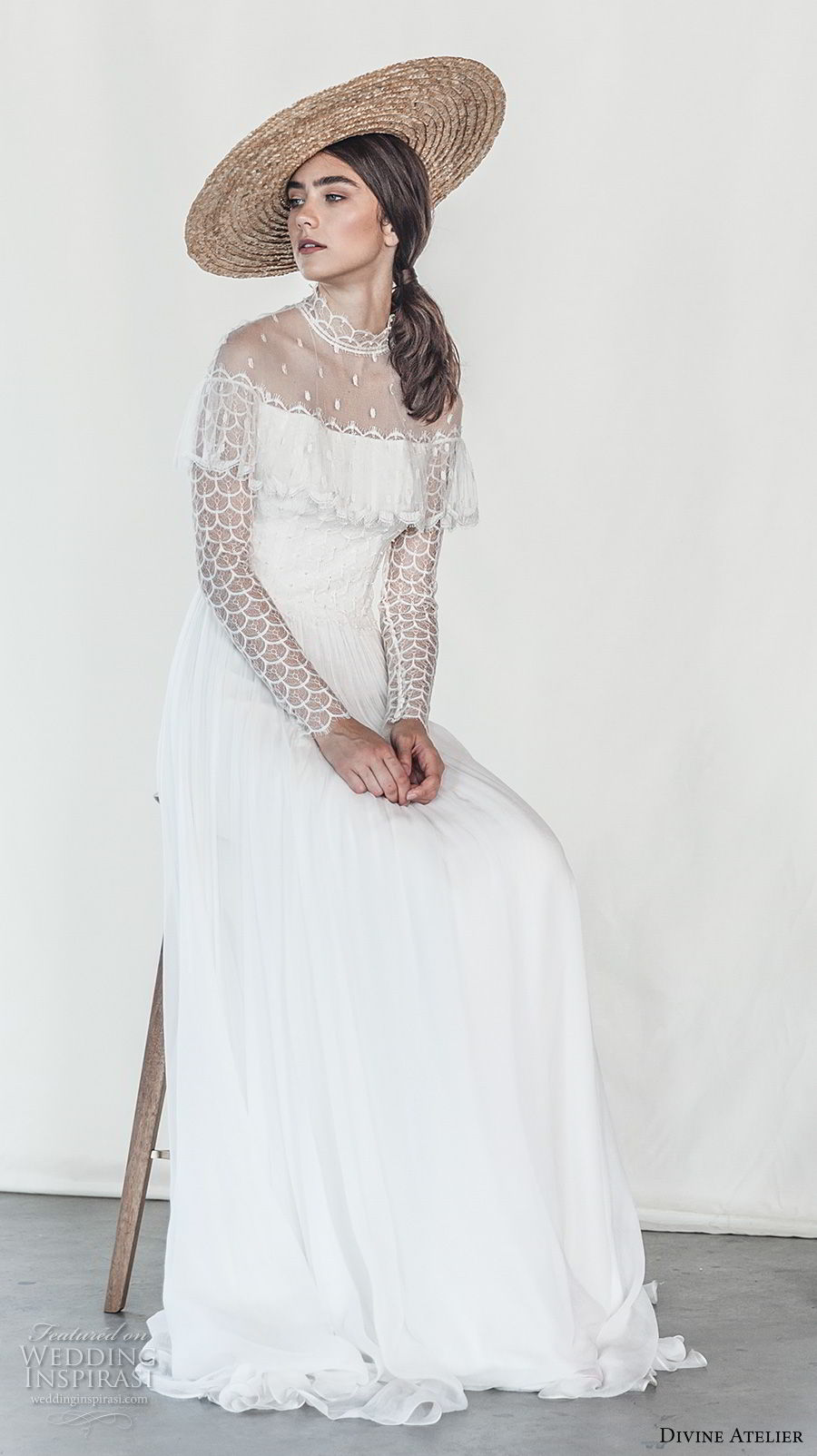 divine atelier 2018 bridal long sleeves illusion high neck lightly embellished bodice romantic bohemian soft a  line wedding dress sweep train (5) fv mv