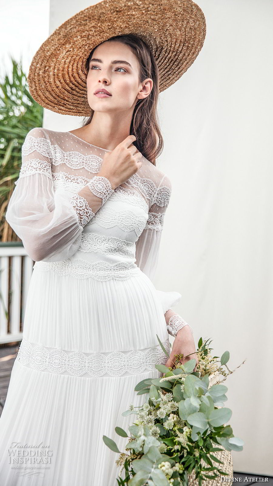 divine atelier 2018 bridal long sleeves illusion jewel straight across neckline light embellishment romantic bohemian soft a  line wedding dress sweep train (2) zv 