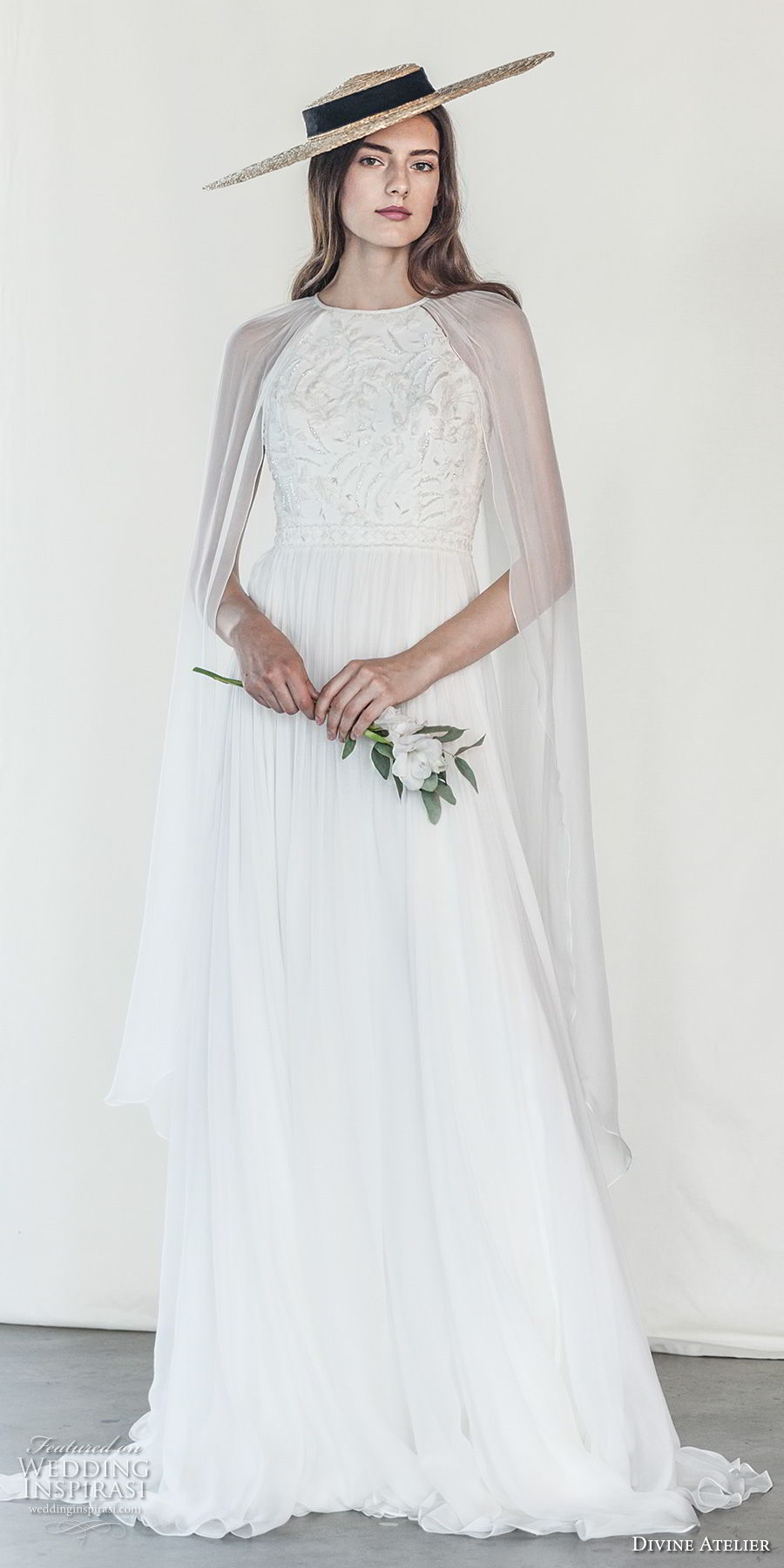 divine atelier 2018 bridal sleeveless halter jewel neck heavily embellished bodice romantic soft a  line wedding dress with cape sweep train (13) mv
