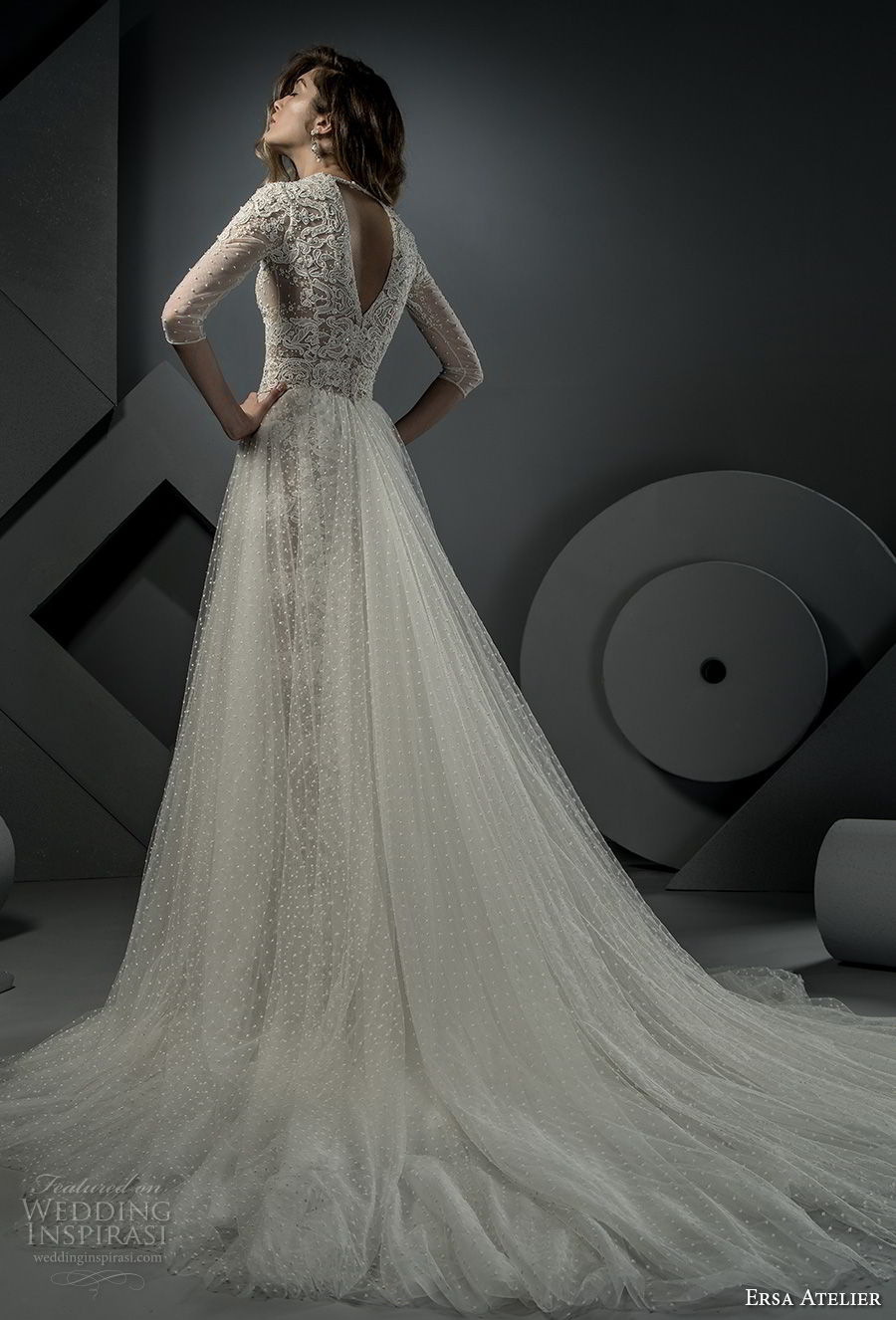 ersa atelier spring 2018 bridal half sleeves deep v neck full embellishment elegant sexy drop waist a  line wedding dress open v back chapel train (6) bv