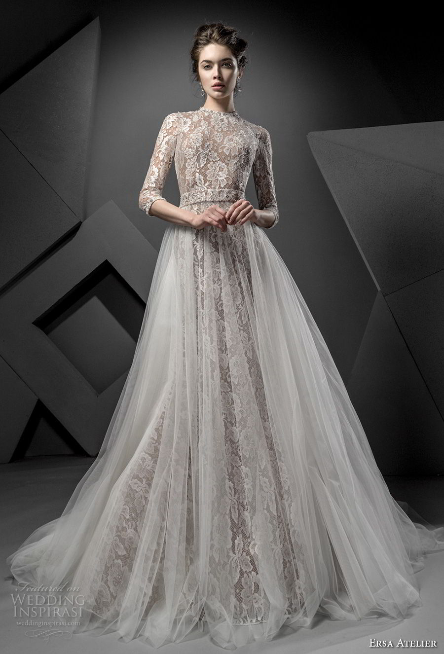 ersa atelier spring 2018 bridal half sleeves high jewel neck full embellishment elegant drop waist a  line wedding dress open back chapel train (3) mv  