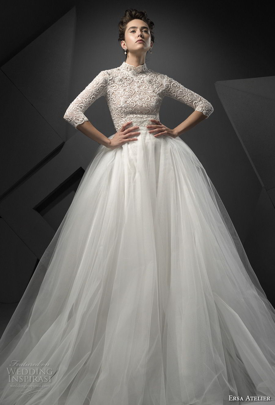 ersa atelier spring 2018 bridal three quarter sleeves high neck heavily embellished bodice tulle skirt modest elegant a  line wedding dress covered lace back chapel train (14) mv