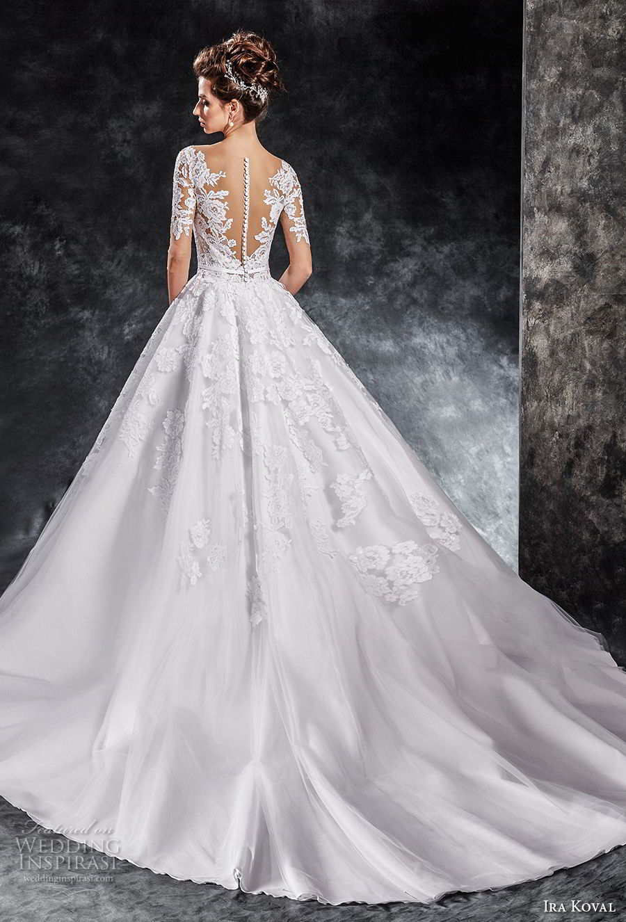 ira koval 2017 bridal half sleeves deep v heavily embellished bodice romantic elegant a  line wedding dress sheer button back chapel train (613) bv