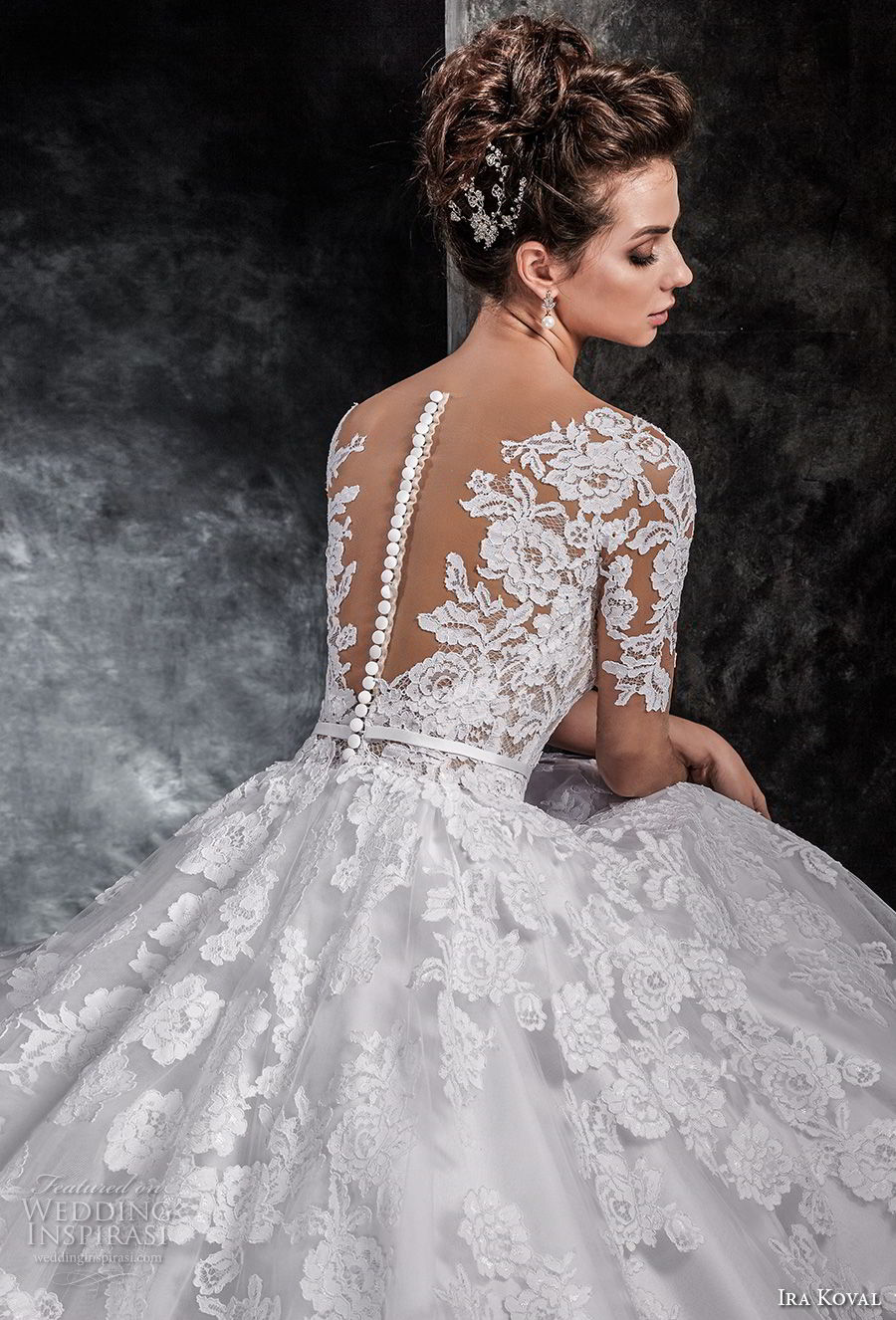 ira koval 2017 bridal half sleeves deep v heavily embellished bodice romantic elegant a  line wedding dress sheer button back chapel train (613) zbv