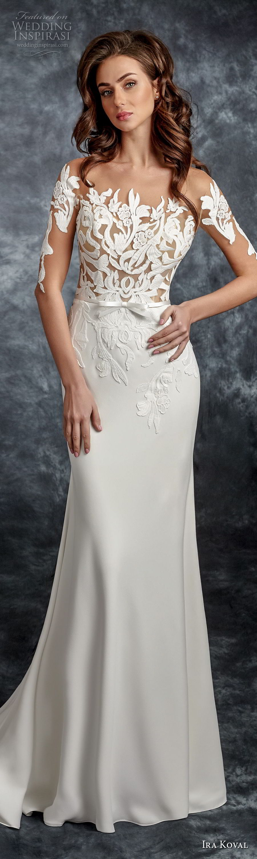 ira koval 2017 bridal half sleeves illusion floral neckline heavily embellished elegant sheath wedding dress lace button back medium train (617) mv