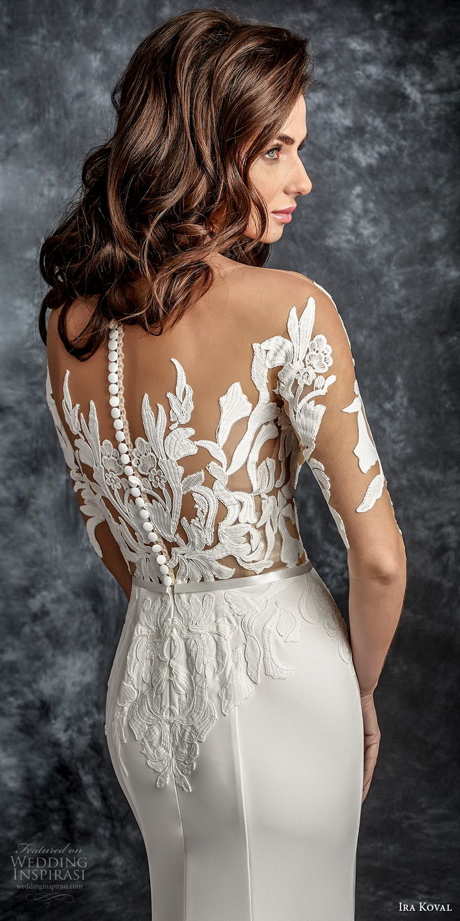 ira koval 2017 bridal half sleeves illusion floral neckline heavily embellished elegant sheath wedding dress lace button back medium train (617) zbv