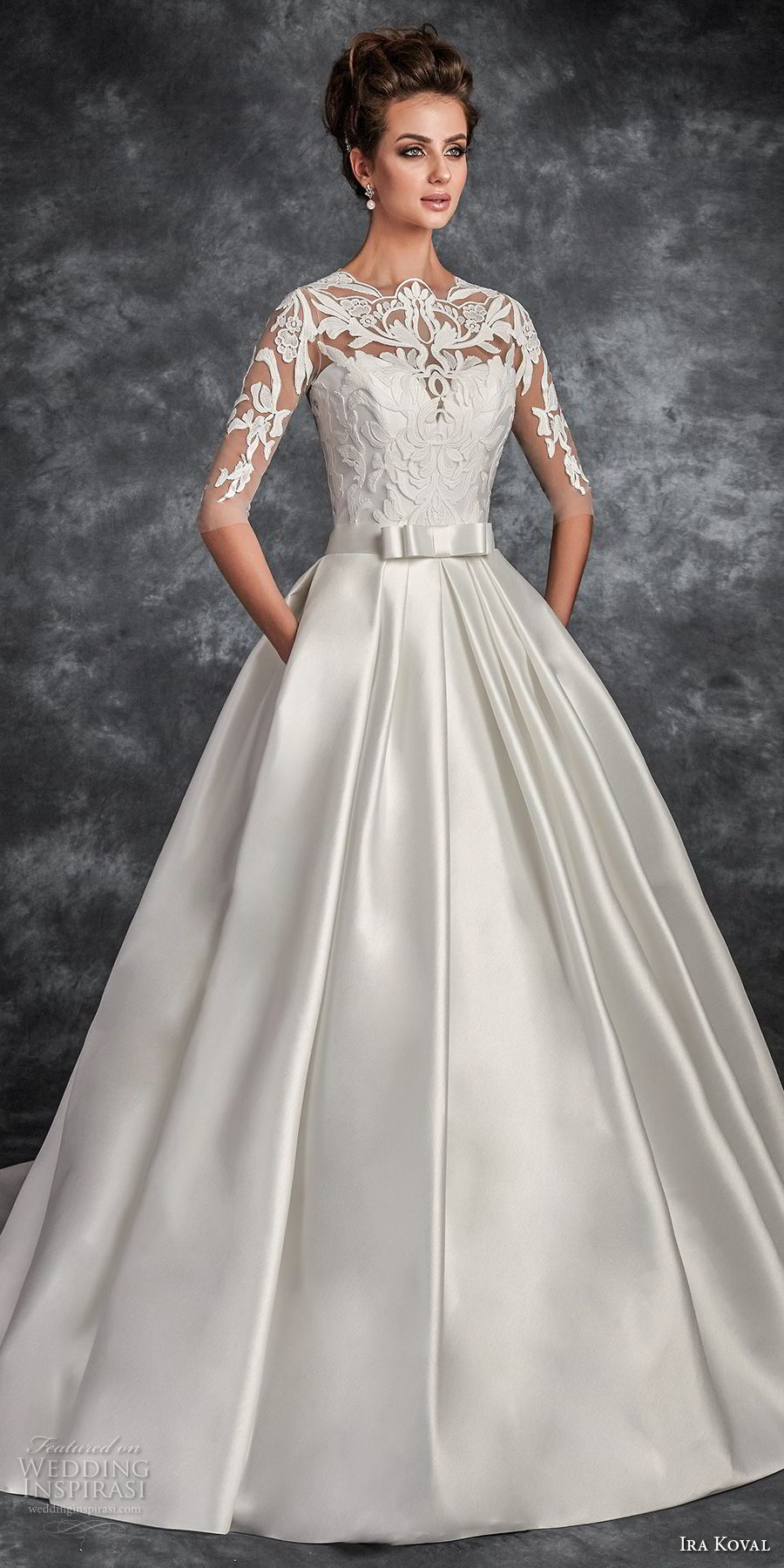 ira koval 2017 bridal half sleeves illusion lace jewel sweetheart neckline heavily embeliished bodice satin skirt elegant a  line wedding dress pockets covered lace back chapel train (629) mv