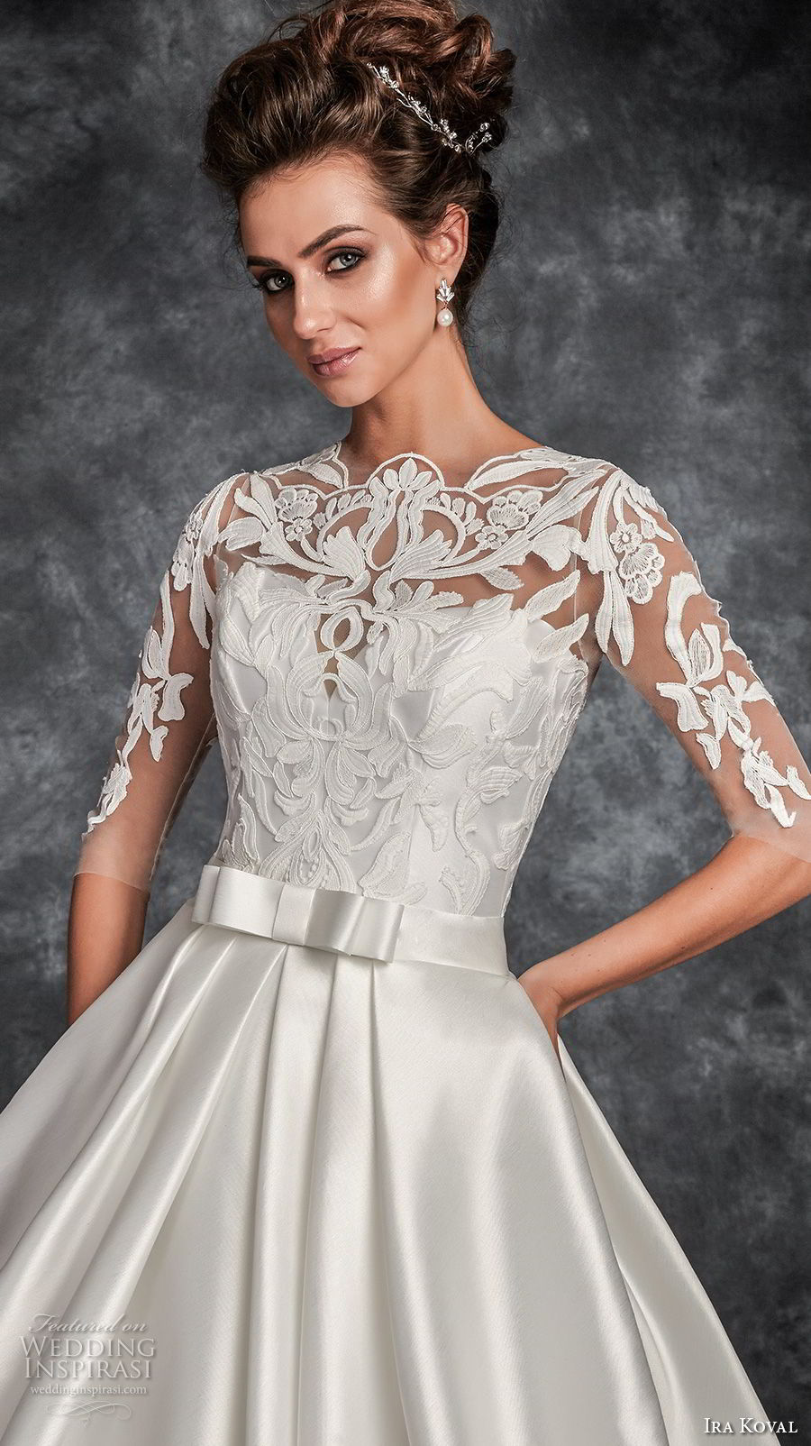 ira koval 2017 bridal half sleeves illusion lace jewel sweetheart neckline heavily embeliished bodice satin skirt elegant a  line wedding dress pockets covered lace back chapel train (629) zv