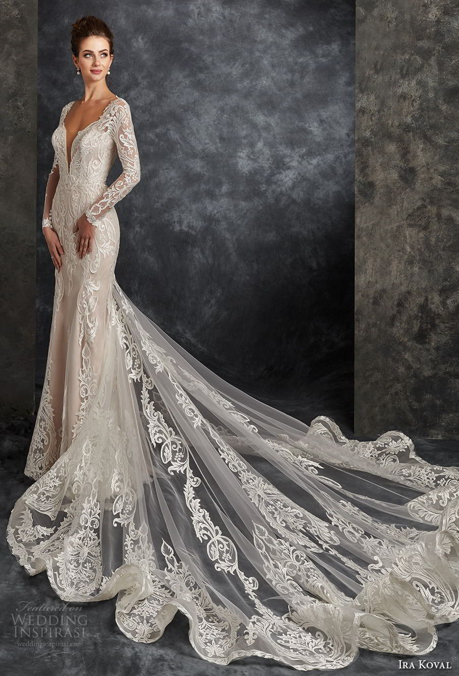 ira koval 2017 bridal long sleeves deep plunging v neck full embellishment elegant sexy sheath fit and flare wedding dress keyhole back long train (604) mv