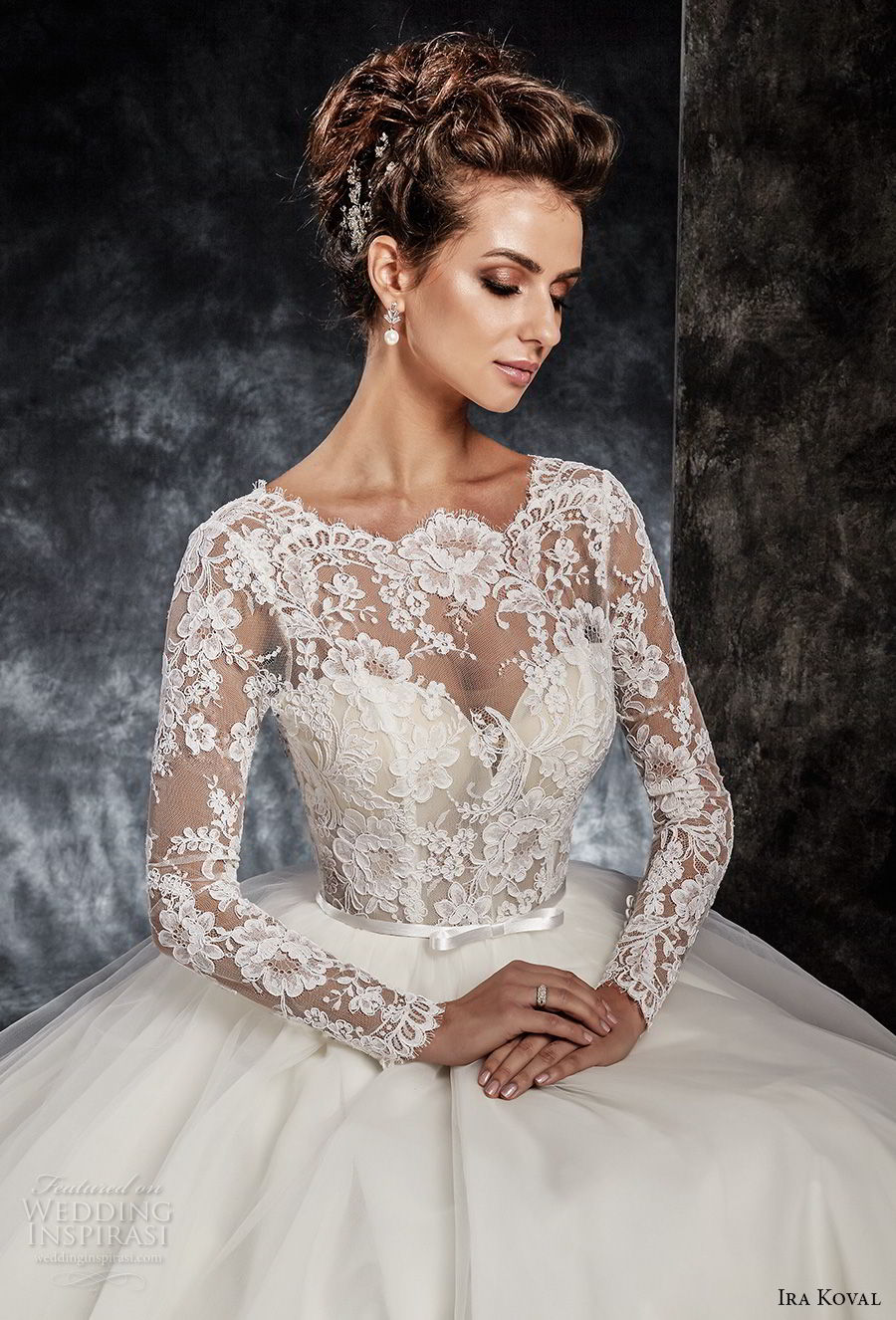 ira koval 2017 bridal long sleeves illusion jewel sweetheart neckline heavily embellished lace bodice elegant a  line wedding dress open v back chapel train (614) zv mv