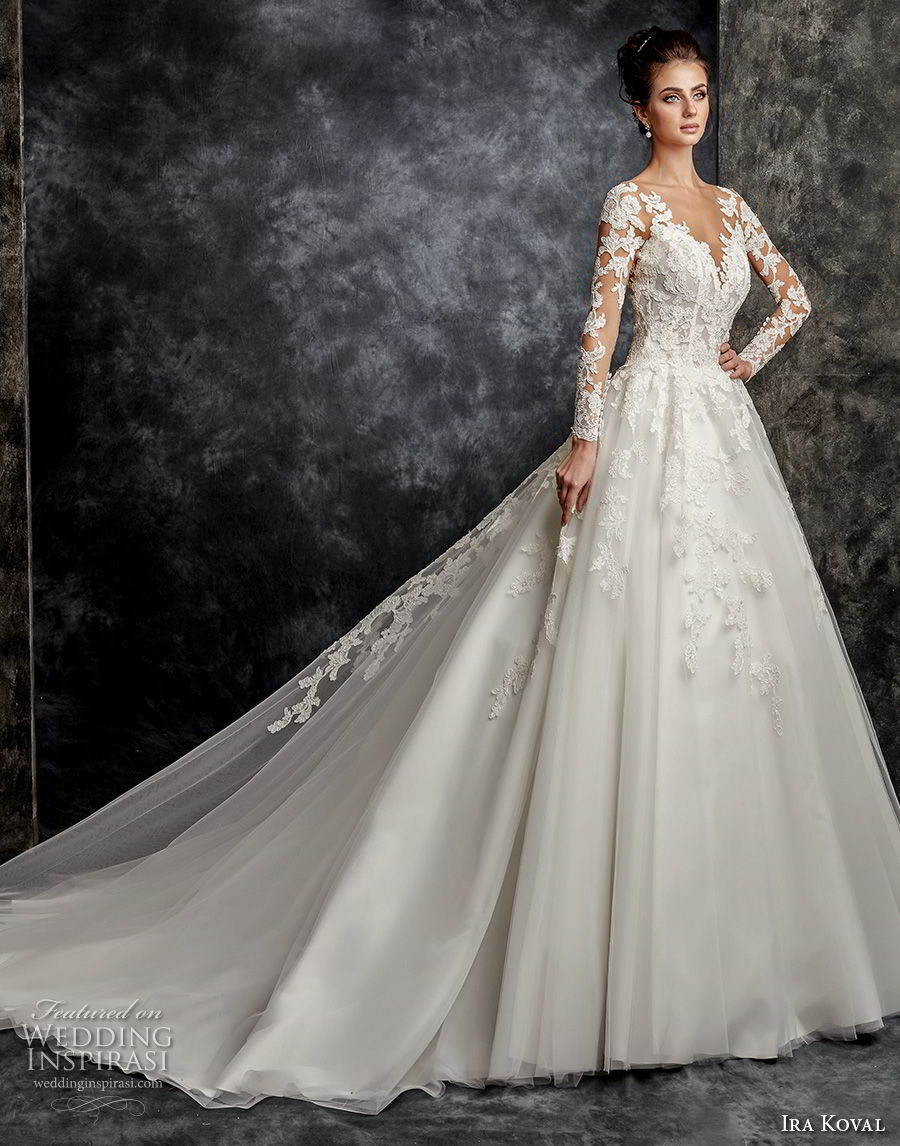 ira koval 2017 bridal long sleeves illusion v sweetheart neckline heavily embellished bodice princess elegant a  line wedding dress lace sheer button back long train (633) mv