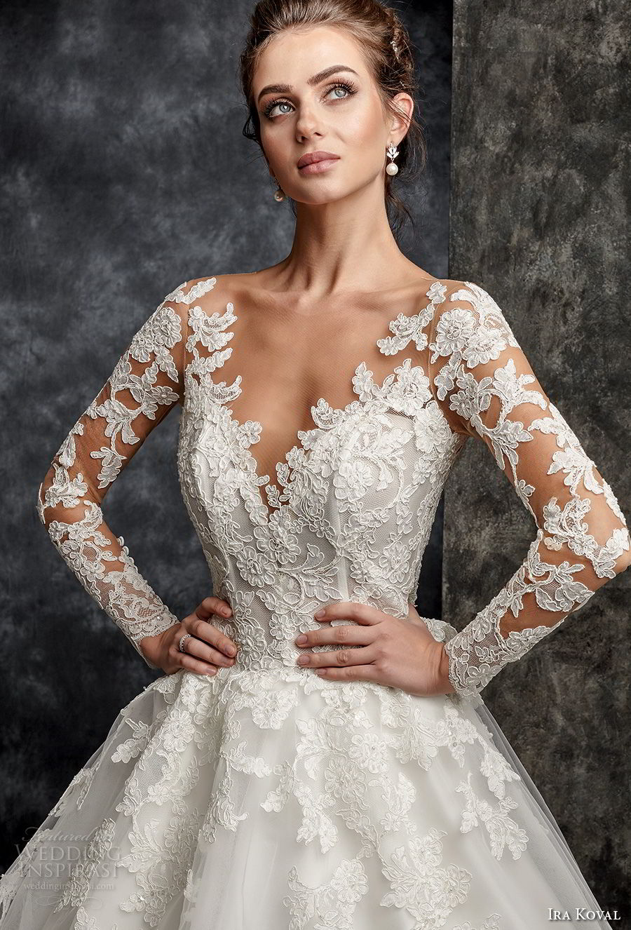 ira koval 2017 bridal long sleeves illusion v sweetheart neckline heavily embellished bodice princess elegant a  line wedding dress lace sheer button back long train (633) zv