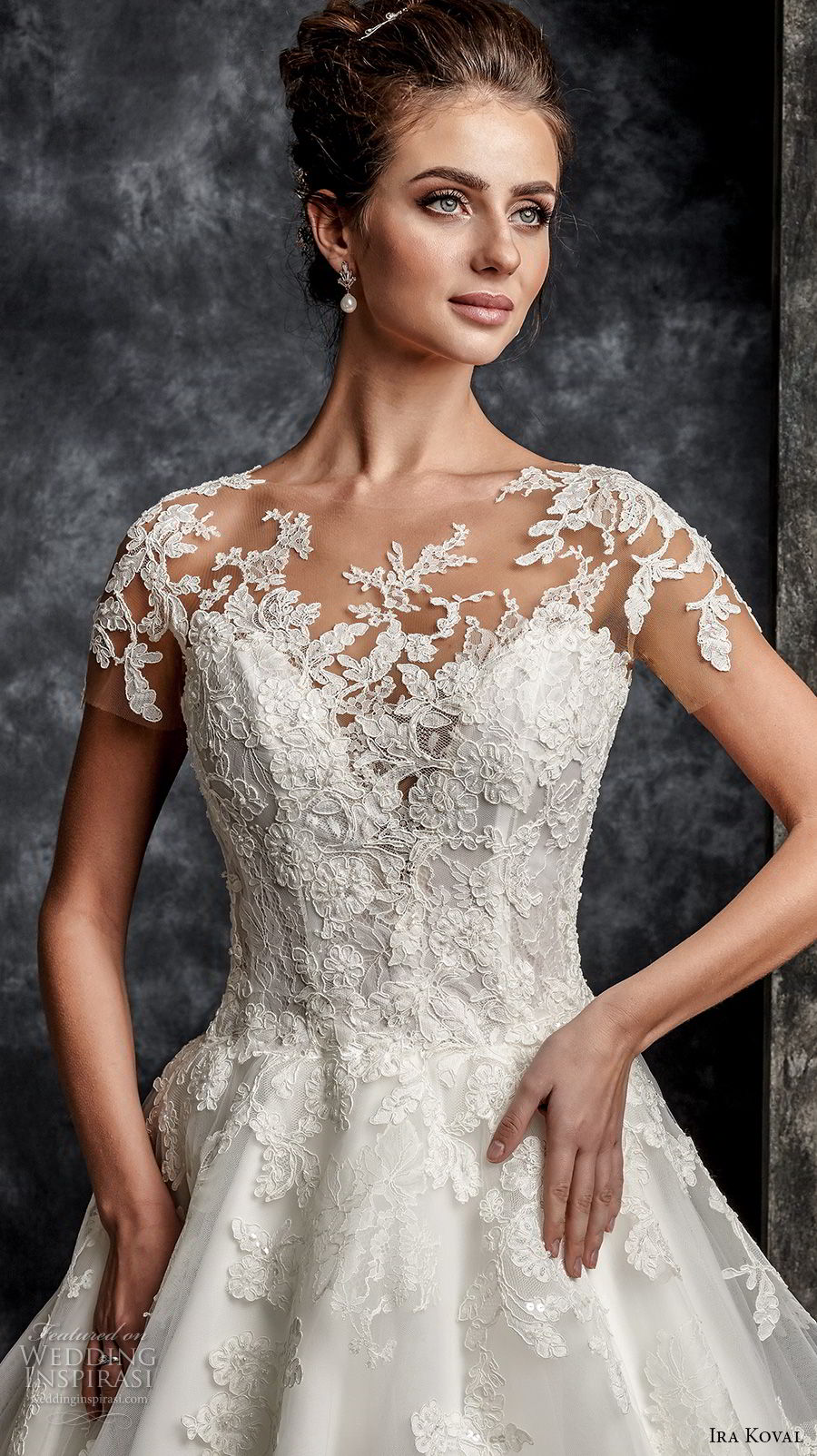 ira koval 2017 bridal short sleeves illusion bateau sweetheart neckline heavily embellished bodice elegant romantic a  line wedding dress lace button back chapel train (636) zv mv