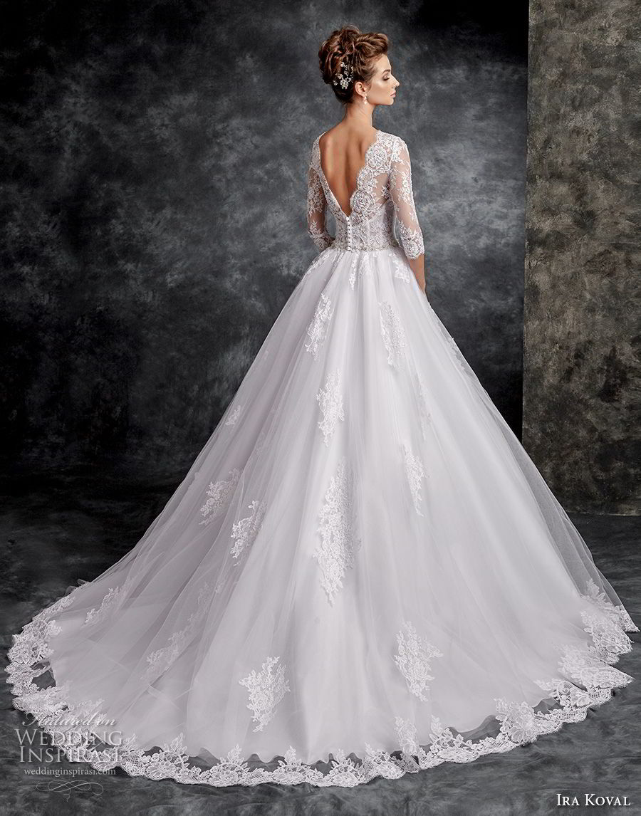 ira koval 2017 bridal three quarter sleeves illusion bateau sweetheart neclline heavily embellished bodice princess elegant a  line wedding dress open v back chapel train (621) bv