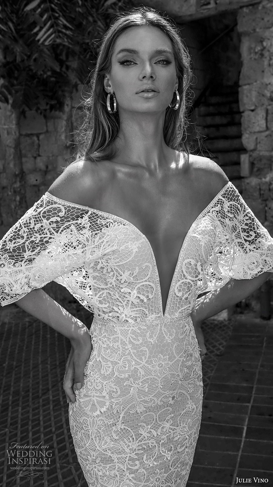 julie vino 2018 bridal off shoulder half flutter sleeves deep plunging sweertheart neckline full embellishment elegant sexy fit and flare mermaid wedding dress open v back short train (52) mv zv