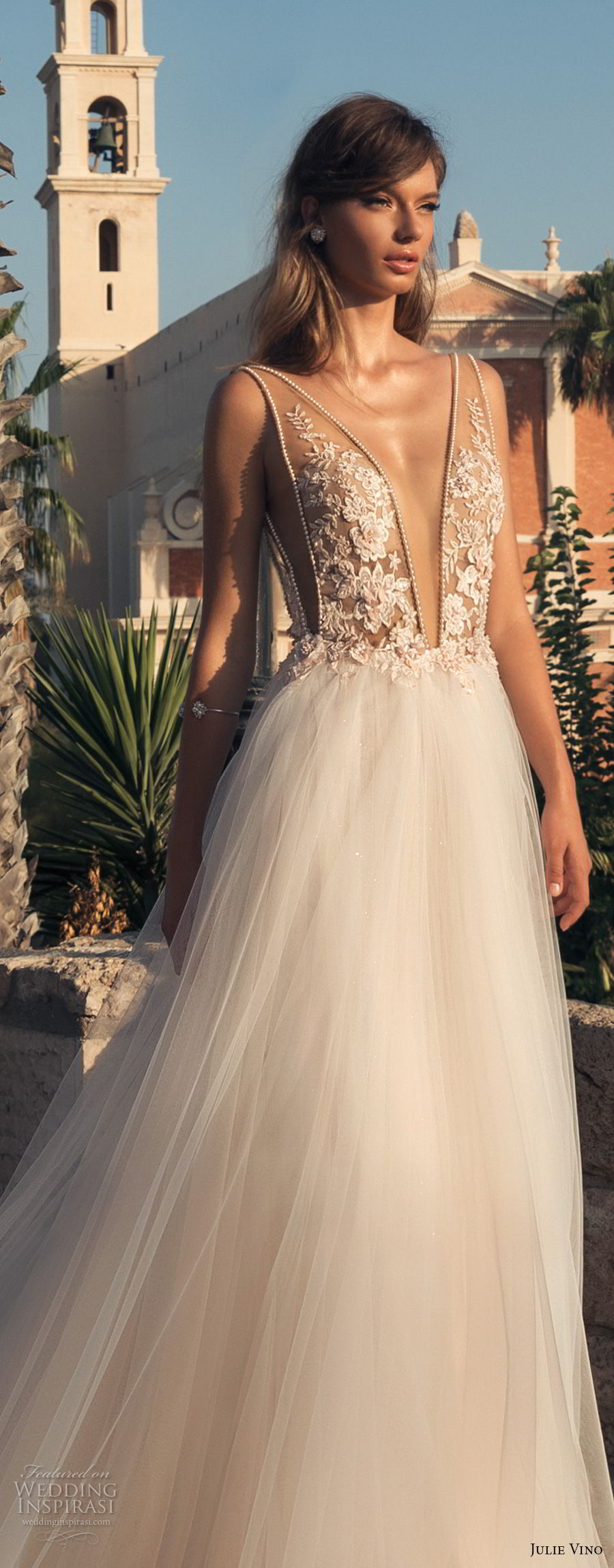 julie vino 2018 bridal sleeveless deep plunging v neck heavily embellished bodice tulle skirt romantic sexy a  line wedding dress open back chapel train (60) lv