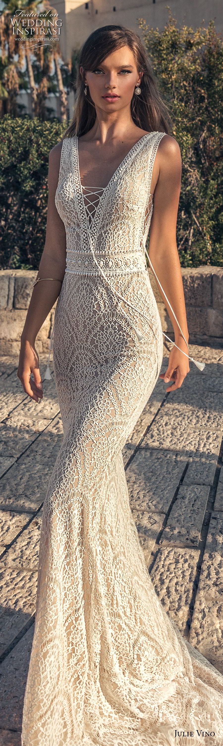 julie vino 2018 bridal sleeveless deep v neck full embellishment elegant sexy fit and flare sheath wedding dress open v back sweep back (62) lv