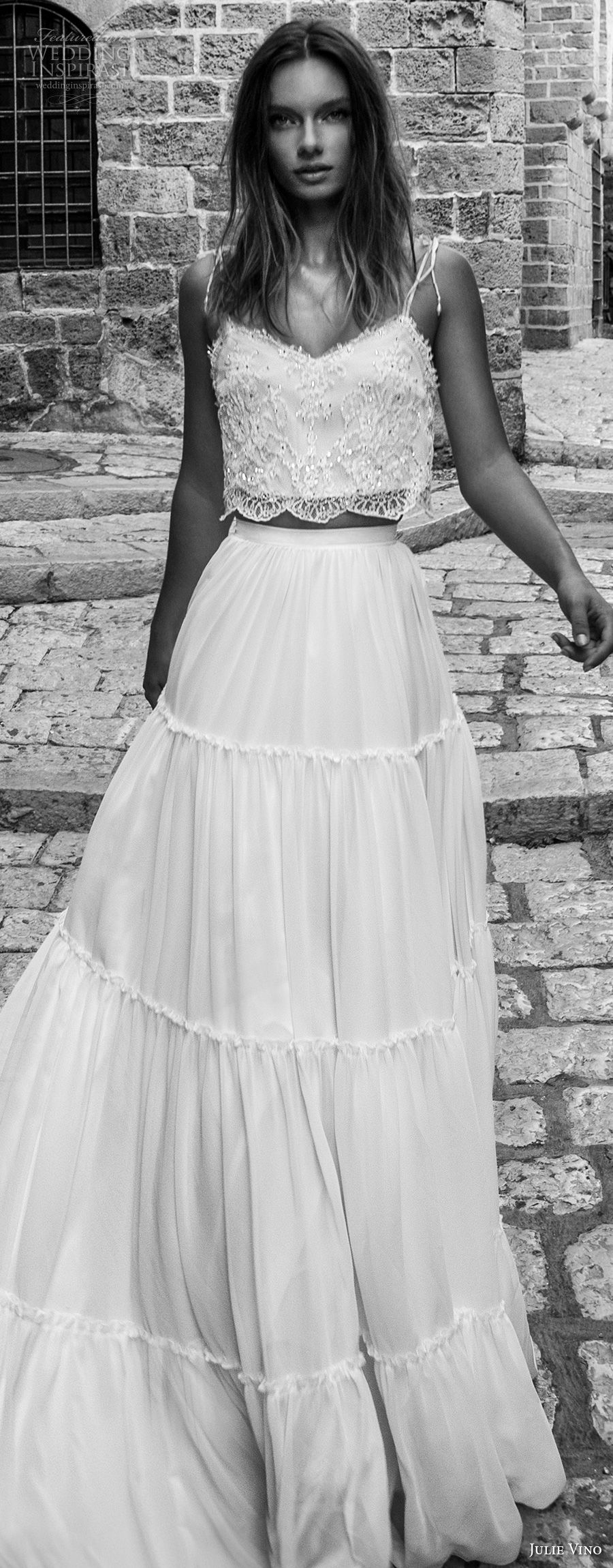 julie vino 2018 bridal spaghetti strap sweetheart neckline heavily embellished bodice 2 piece crop top bohemian soft a  line wedding dress sweep train  (55) lv